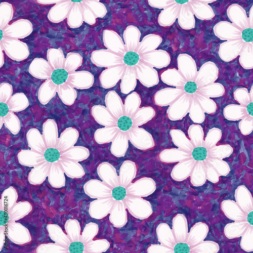 Chamomiles on a textured background. Seamless pattern on a purple background. Summer, botanical, natural, feminine pattern. Hand-drawn. For seasonal design, printing on fabric, paper.