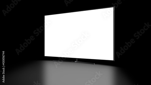 Television TV mockup with diagonal view and blank screen, with reflection on the floor. Black color background. Ideal for placing custom designs.