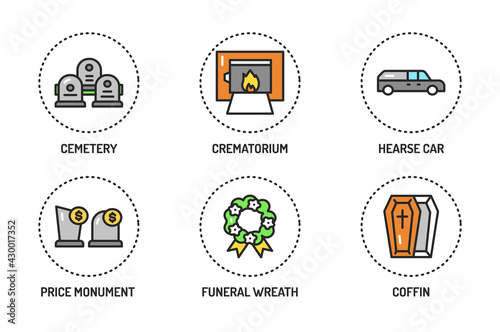 Funeral services color line icons set. Isolated vector element.