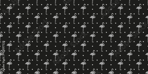 Seamless polka texture with flamingos. Dot pattern for design. Dotted background. Black and white illustration