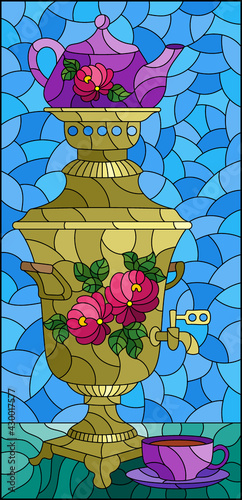 Illustration in the style of stained glass with a bright painted samovar and a cup on the table on a blue background