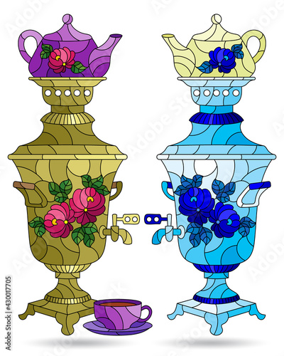 Set of illustrations in the style of stained glass with bright Russian samovars and teapots, dishes isolated on a white background