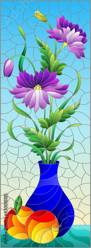 Illustration in the style of a stained glass window with a floral still life, a vase with purple flowers and apples on a blue background