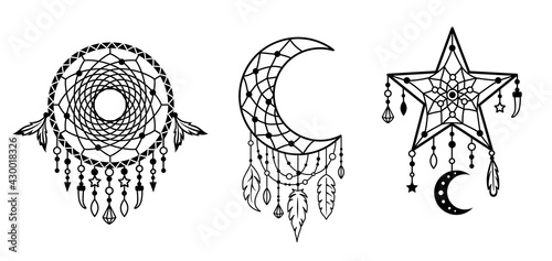 Dreamcatchers set. Native american, tribal designs. Outline vector illustration. Boho style sign. Silhouette design elements. photo