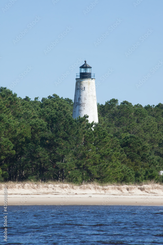 Lighthouse on the shore with trees Lighthouse on the shore with trees