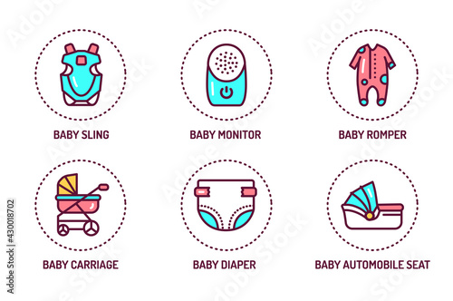 Kids products color line icons set. Isolated vector element. Outline pictograms for web page, mobile app, promo