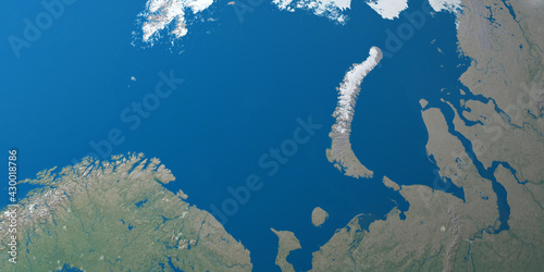 Fototapeta Naklejka Na Ścianę i Meble -  Barents Sea in in planet earth, aerial view from outer space