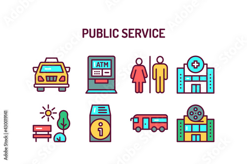 Public services color line icons set. Isolated vector element. Outline pictograms for web page, mobile app, promo