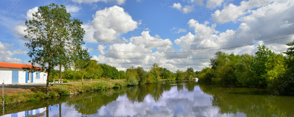 Fototapeta premium Panoramique au fil de l'eau de la Sèvre Niortaise à Damvix (85420), département de Vandée en région Pays-de-la-Loire, France