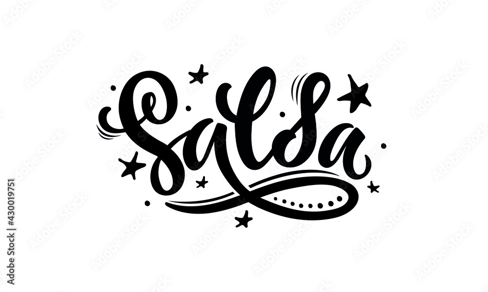 Salsa handwritten text isolated on white background. Modern brush ink