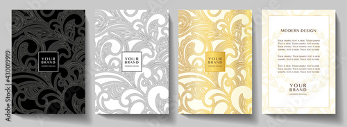 Luxury gold curve (scroll) pattern cover, frame design set. Elegant floral ornament on golden, black background. Premium vector collection for rich brochure, luxe invite, royal wedding template or men