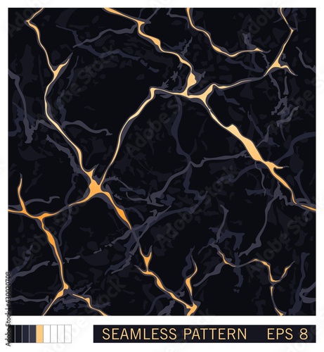 Vector seamless pattern. Black marble texture with natural golden marbling streaks. Luxury layout
