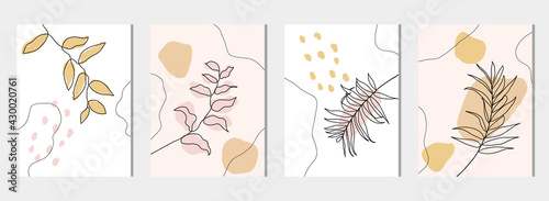 Tropical line arts vector cover set. Nature leaves design element for invitation, prints, fabric and wallpaper.