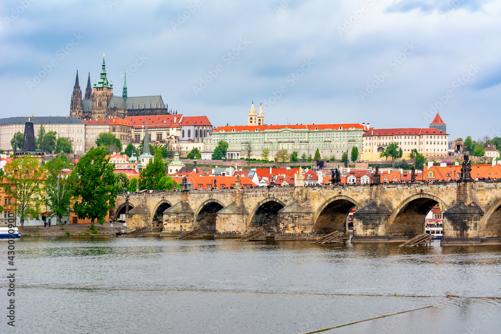Prague cityscape with Prague Castle and Charles bridge, Czech Republic