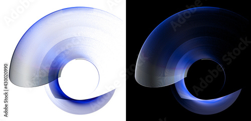 The blue transparent arcuate elements rotate and create a frame on white and black backgrounds. Graphic design elements set. Logo, sign, icon, symbol. 3d rendering. 3d illustration.