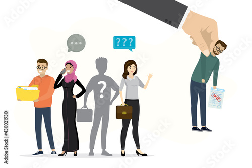 Big hand removes one member of business team. Dismissal, staff reduction concept. Fired employee. Group of office clerks or managers.