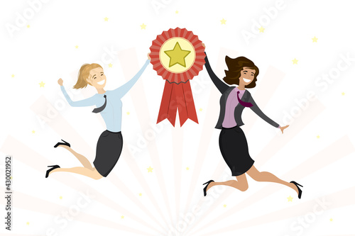Happy caucasian business women or office workers in jump. Successful team holds winner medal. Award ceremony for winners.