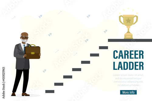 Young adult stands near stairs and holds briefcase. Career ladder, landing page template. Employee skills development.
