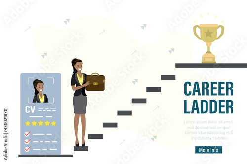 Woman job seeker stands near stairs and holds briefcase. Unemployed female character with cv, resume. Career ladder, landing page template.