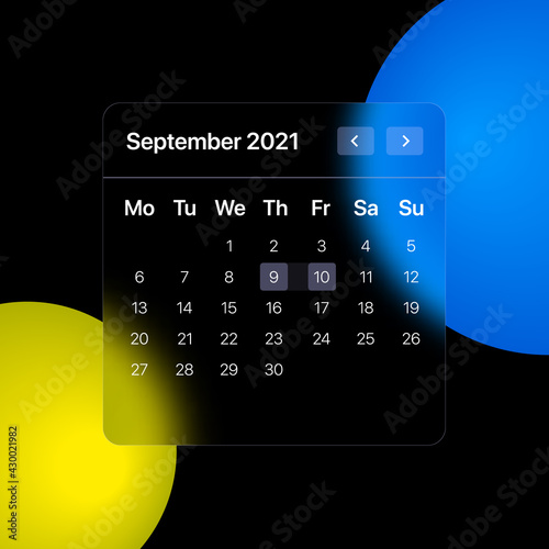 Glassmorhism Calendar Template. UI, UX, GUI layout for mobile and web application. Glassmorphism concept design. Vector illustration