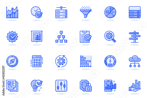 Big Data analysis web flat line icon. Bundle outline pictogram of business growth, statistic graph, finance chart, management, marketing concept. Vector illustration of icons pack for website design