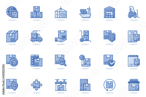 Delivery services web flat line icon. Bundle outline pictogram of shopping, courier, package protection, shipping, tracking order, parcel concept. Vector illustration of icons pack for website design