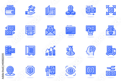 Money web flat line icon. Bundle outline pictogram of wallet, cash, savings, coins, transfer, currency exchange, ATM, credit card, banking concept. Vector illustration of icons pack for website design