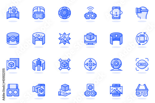 Virtual reality web flat line icon. Bundle outline pictogram of VR glasses, virtual simulation, 360 panoramic view, interactive game concept. Vector illustration of icons pack for website design