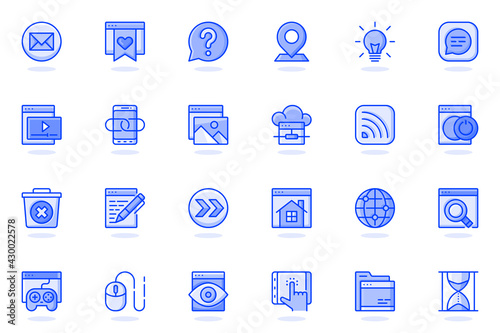 Website UI web flat line icon. Bundle outline pictogram of development, site content, buttons, seo optimization, programming process concept. Vector illustration of icons pack for website design