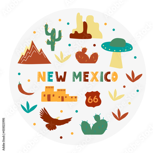 USA collection. Vector illustration of New Mexico theme. State Symbols