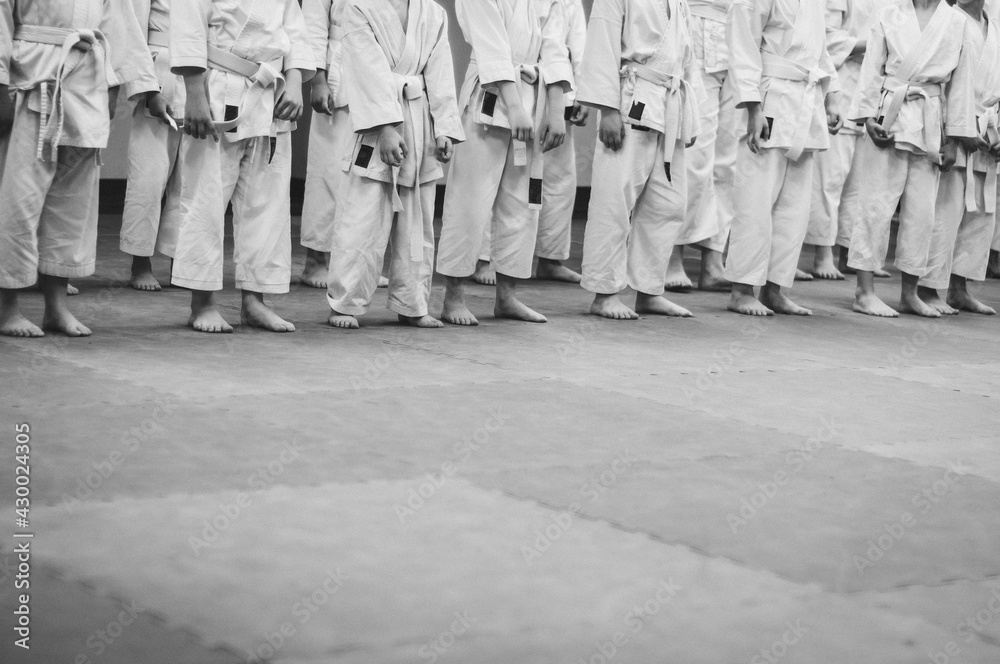 karate-do training and a healthy lifestyle. Styling for a film photo. Added film noise and motion blur. Retro style.