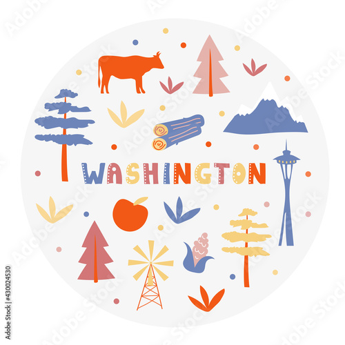 USA collection. Vector illustration of Washington theme. State Symbols