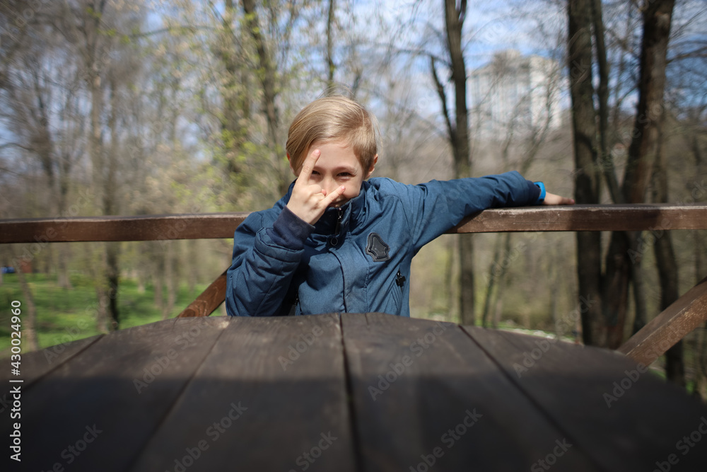 Fototapeta premium The boy sits at a wooden table in a cafe and makes various gestures with his hands