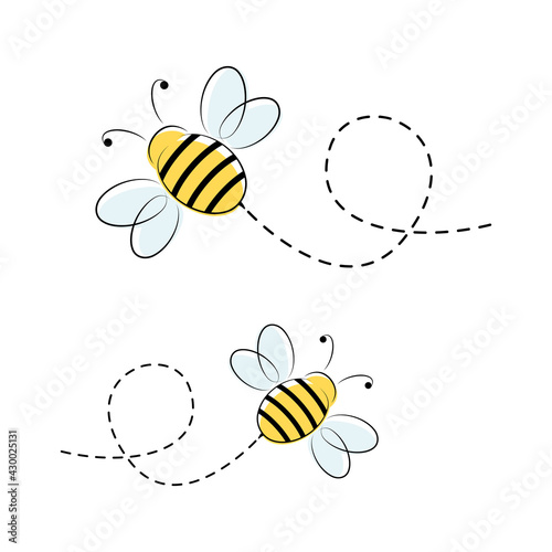 Bee character. Cute flying bees with dotted route. Vector cartoon insect illustration. Isolated on white