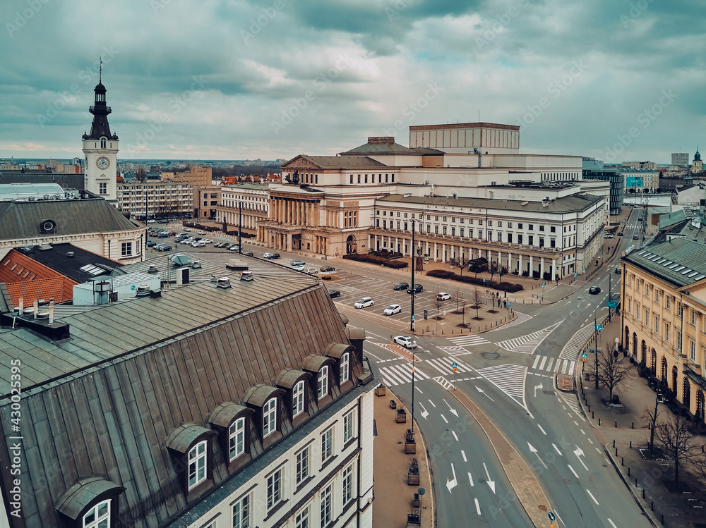 Fototapeta premium Beautiful panoramic aerial drone skyline view of the Warsaw Grand Theatre (national opera house) on the Theater square (POL: Plac Teatralny), Poland, EU