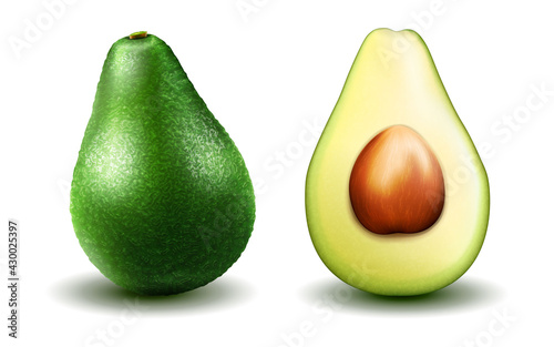 Avocado. Realistic avocado, half and whole healthy avocado in 3D illustration isolated on white background