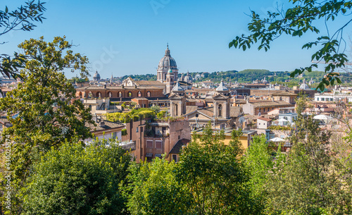 Photography Panoramic sight from the Pincio Terrace with the dome of the Basilica of Ambrogio e Carlo al Corso, Rome, Italy