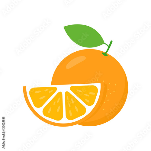 Orange vector fruit. Fresh orange icon. Fruit citrus with slices. Isolated on white.