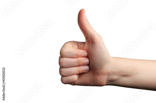 a woman's hand isolated on a white background with her thumb up