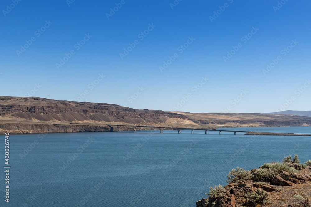 Vantage WA USA, 04-16-2021: I-90 Bridge Over Wanapum Lake as traffic travels east and west bound view from Ginko State park