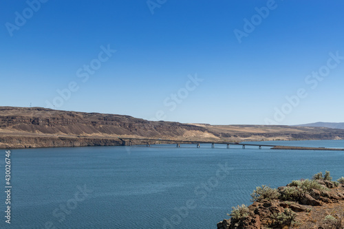 Vantage WA USA, 04-16-2021: I-90 Bridge Over Wanapum Lake as traffic travels east and west bound view from Ginko State park