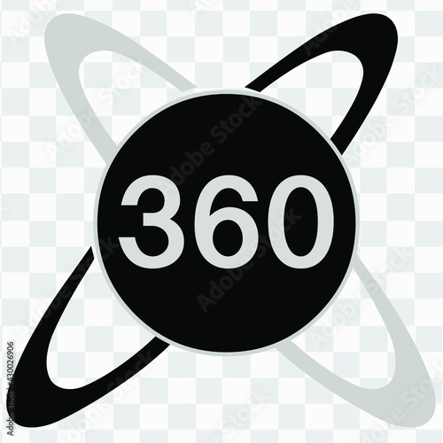 360 logo icon. Three hundred and sixty degree graphic. For game, video, tour, rotation. VR AR black white gray isolated. Transparency background. Vector digital illustration