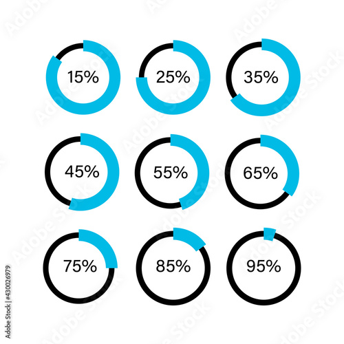Set pie chart for infographic. Vector flat template. Circle graphs from 15 to 95 percent.