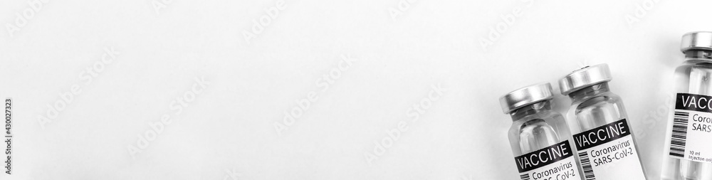 Coronavirus immunization banner with covid-19 vaccine vials on the white background, copy space and top view photo Coronavirus immunization banner with covid-19 vaccine vials on the white background, copy space and top view photo