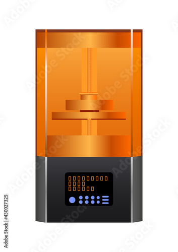 Vector realistic illustration of resin 3D printer machine – stereolithography SLA, digital light processing DLP or LCD printer isolated on a white background. Precise 3D printing technology. 