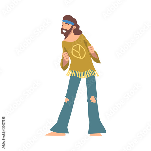 Hippie Man Character, Happy Bearded Man Wearing Retro Style Clothing Dancing Cartoon Vector Illustration
