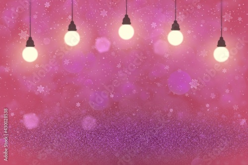 pretty brilliant glitter lights defocused bokeh abstract background with light bulbs and falling snow flakes fly, celebratory mockup texture with blank space for your content