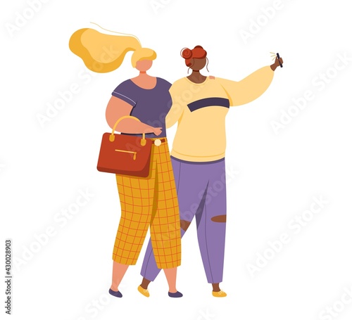 Happy female friends or homosexual couple hugging and taking selfie together. Flat vector illustration isolated on white background.