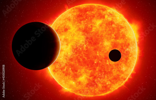 Two exoplanets against red dwarf, elements of this image furnished by NASA photo