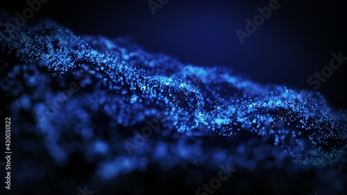 DIGITAL abstract animation pf blue GLITTERING PARTICLES on VIRTUAL SPACE background. Illuminating particle. Motion GRAPHIC colourful DESIGN